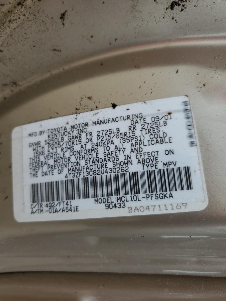 2002 Toyota Sienna Le VIN: 4T3ZF13C82U430262 Lot: 62768544