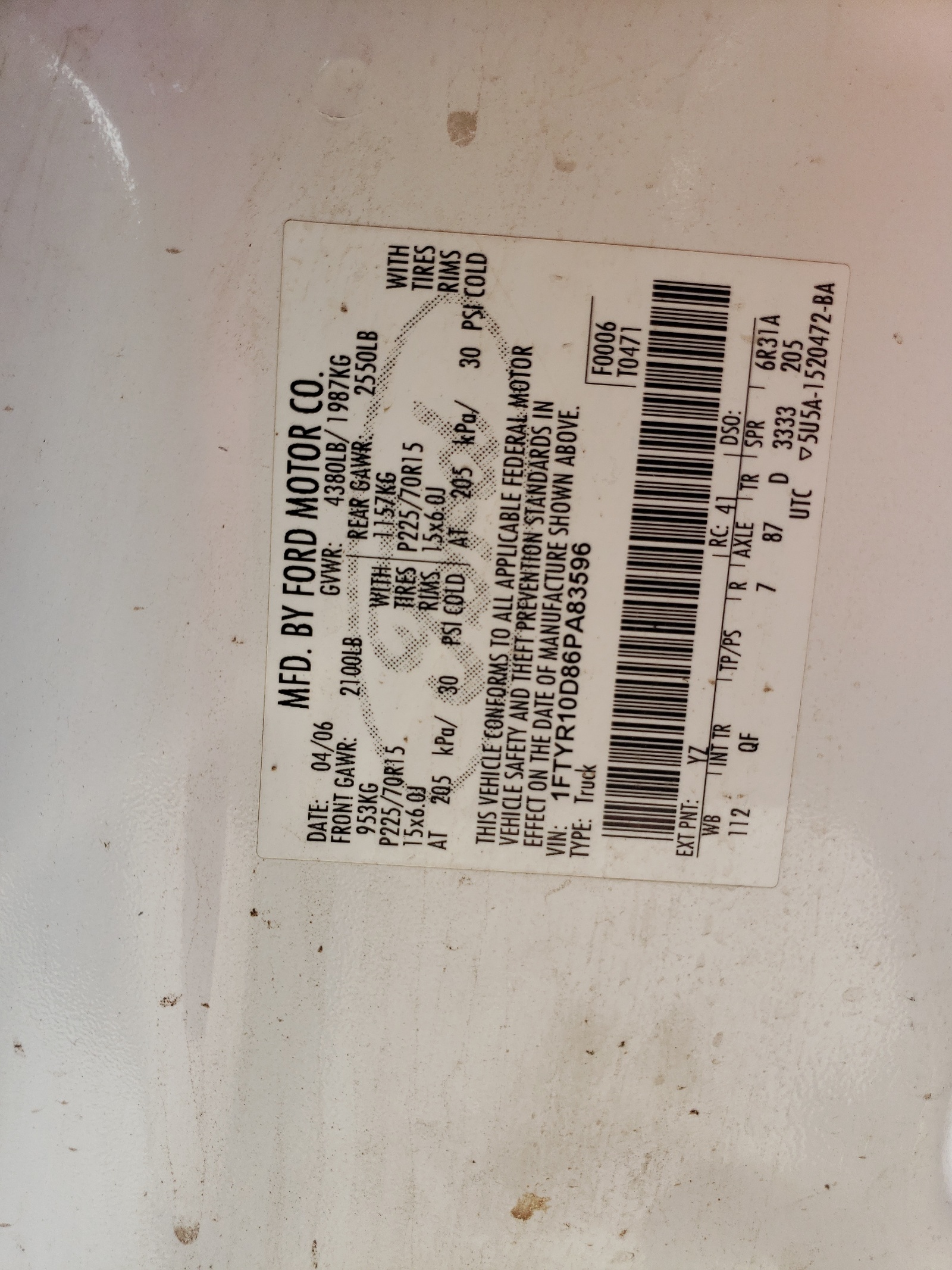 1FTYR10D86PA83596 2006 Ford Ranger