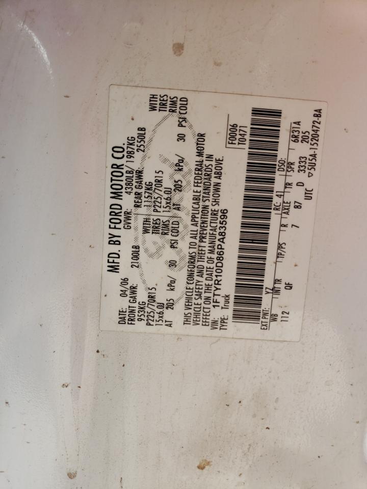 2006 Ford Ranger VIN: 1FTYR10D86PA83596 Lot: 62710184