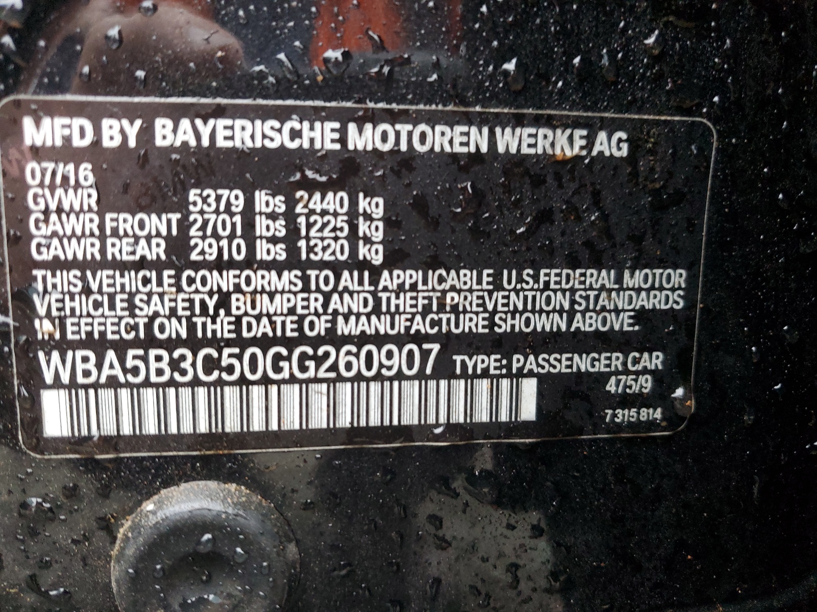 WBA5B3C50GG260907 2016 BMW 535 Xi