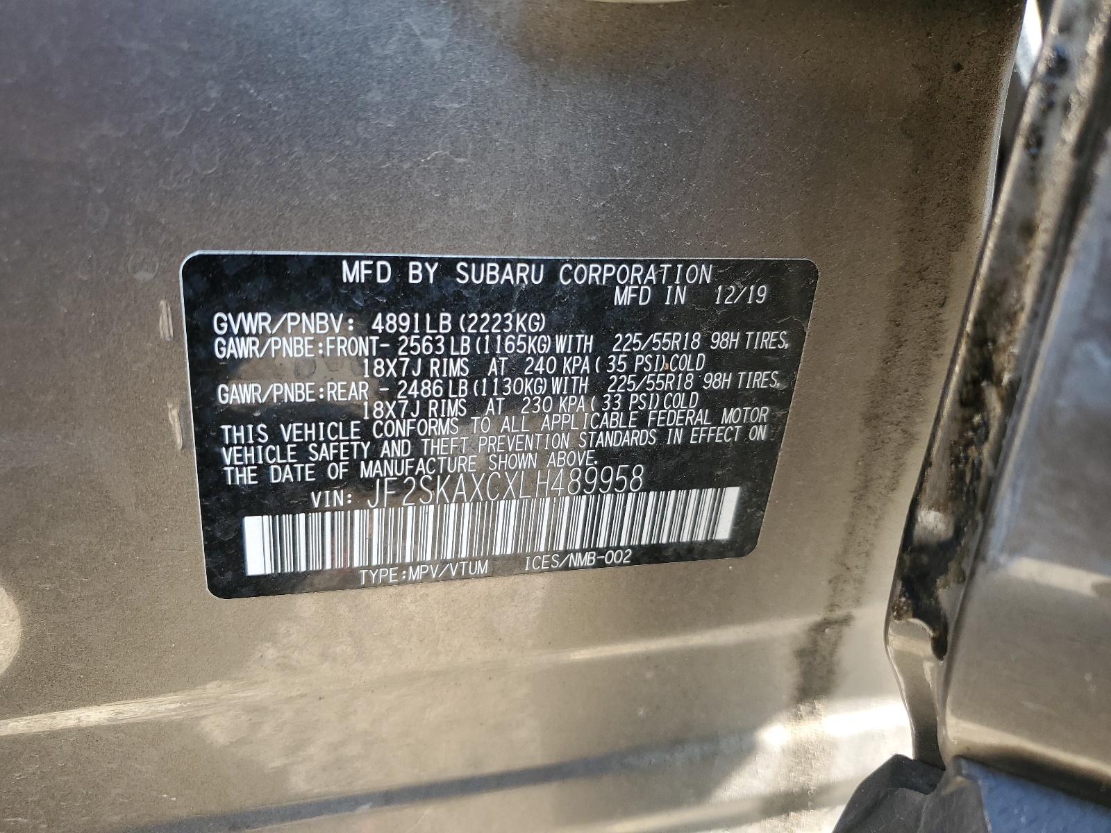 JF2SKAXCXLH489958 2020 Subaru Forester Touring