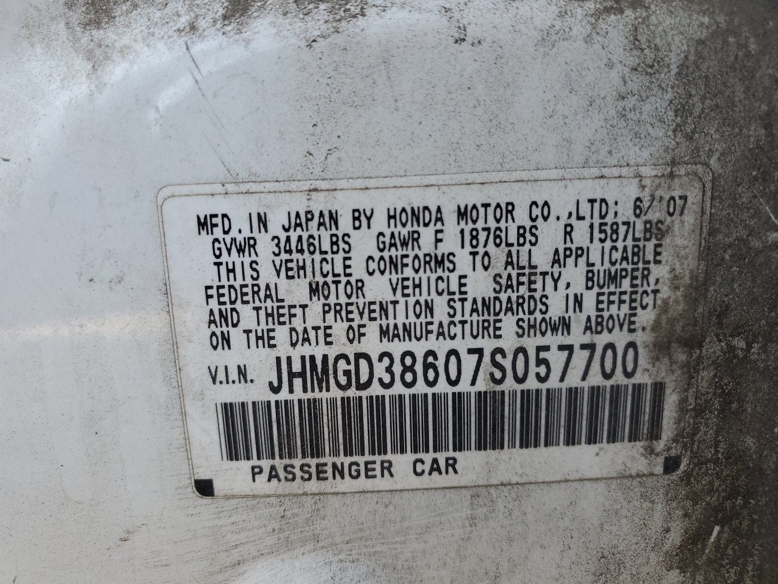 JHMGD38607S057700 2007 Honda Fit S