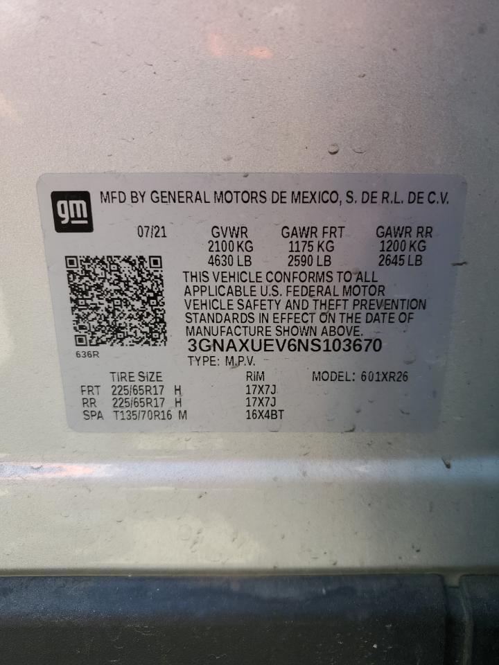 2022 Chevrolet Equinox Lt VIN: 3GNAXUEV6NS103670 Lot: 64110754