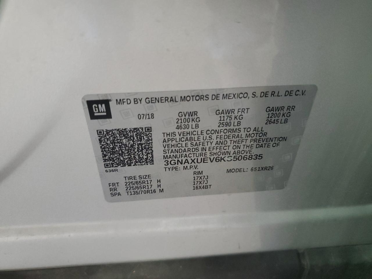 2019 Chevrolet Equinox Lt VIN: 3GNAXUEV6KS506835 Lot: 63899504