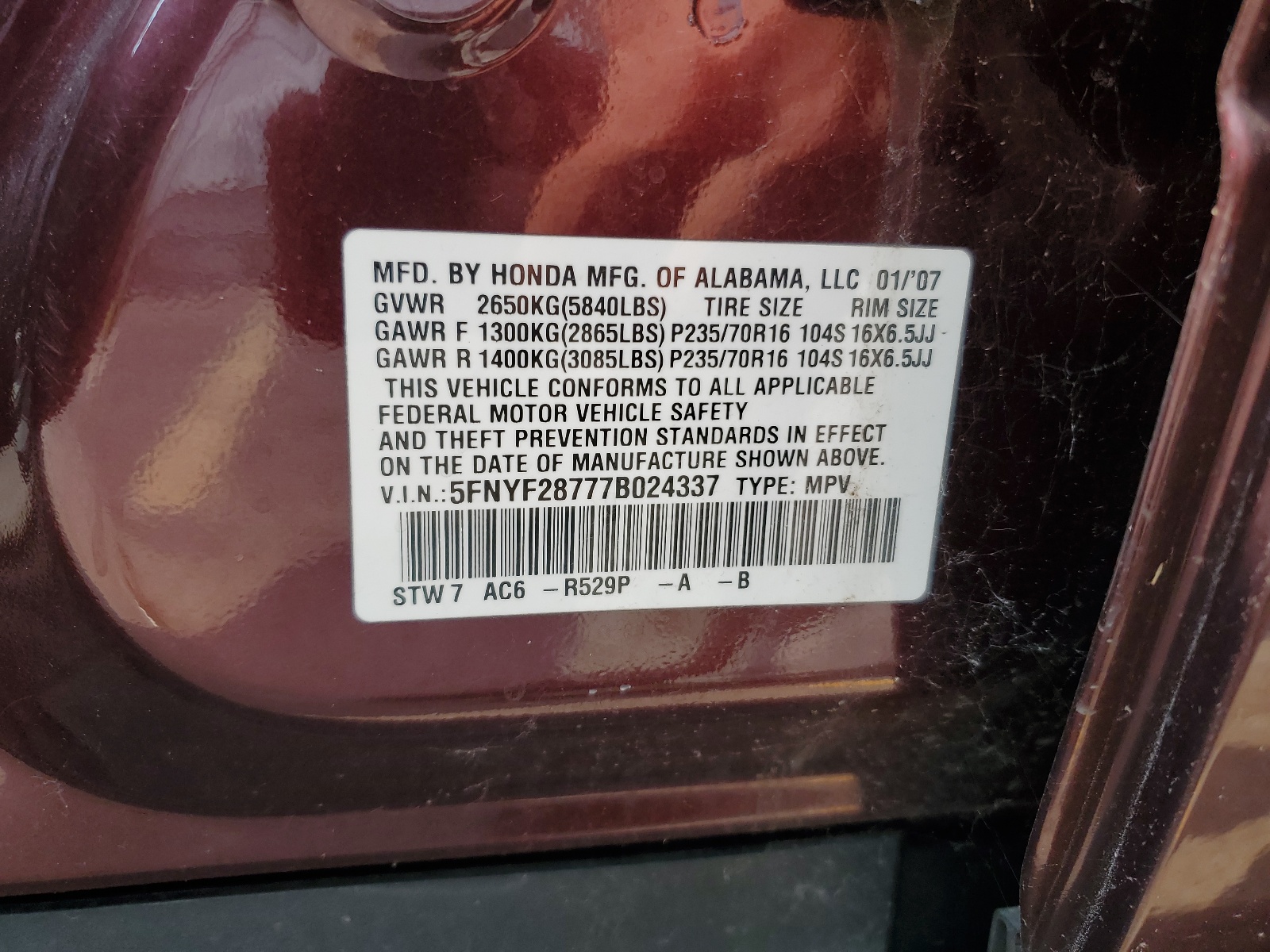 5FNYF28777B024337 2007 Honda Pilot Exl