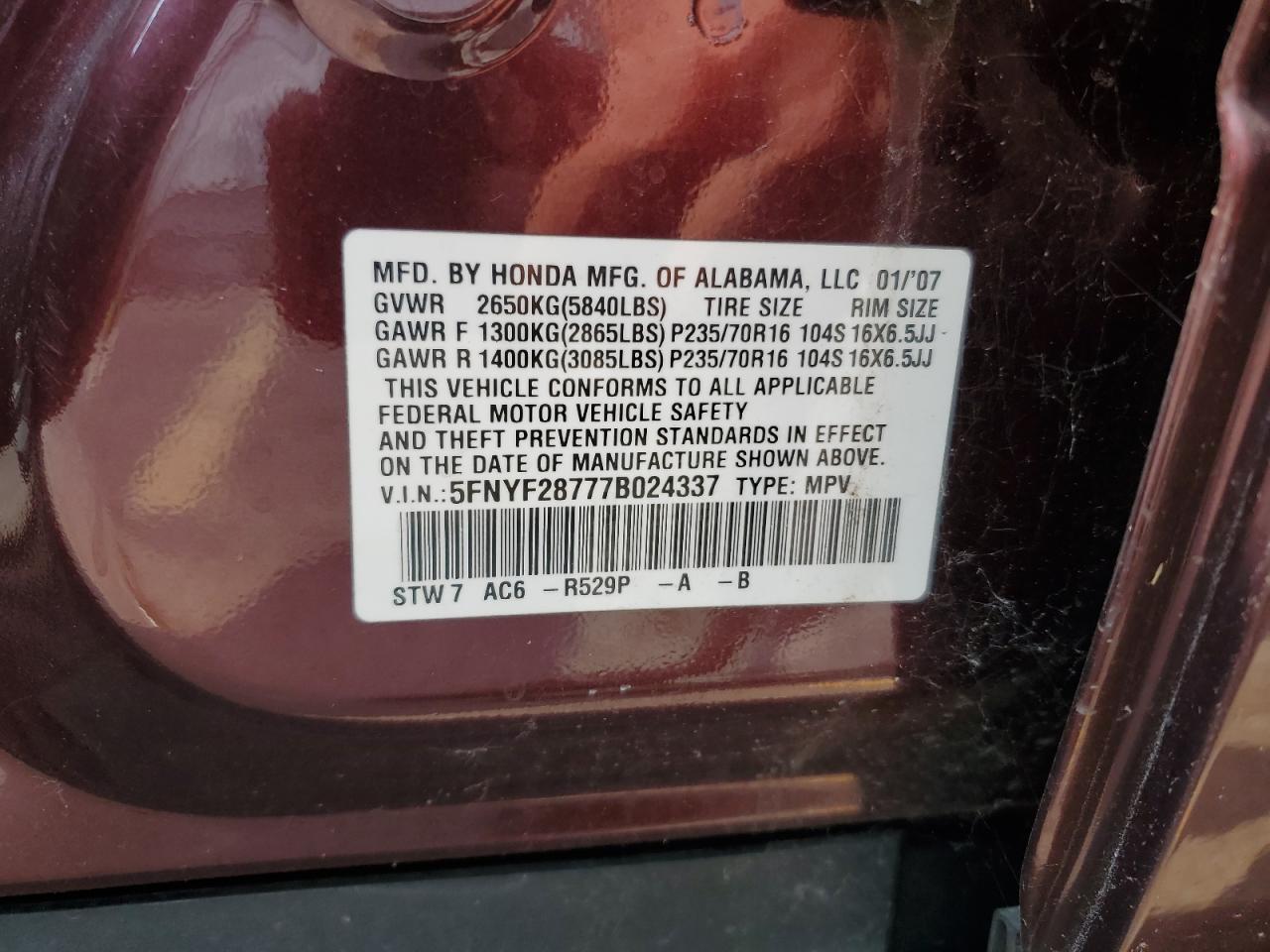 2007 Honda Pilot Exl VIN: 5FNYF28777B024337 Lot: 64418134