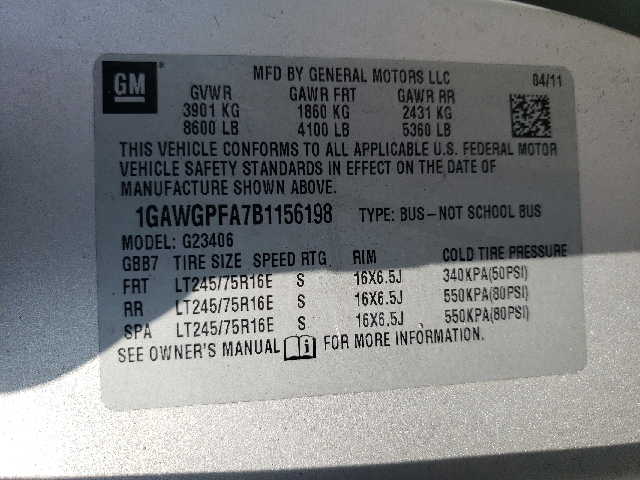 1GAWGPFA7B1156198 2011 Chevrolet Express G2500 Ls