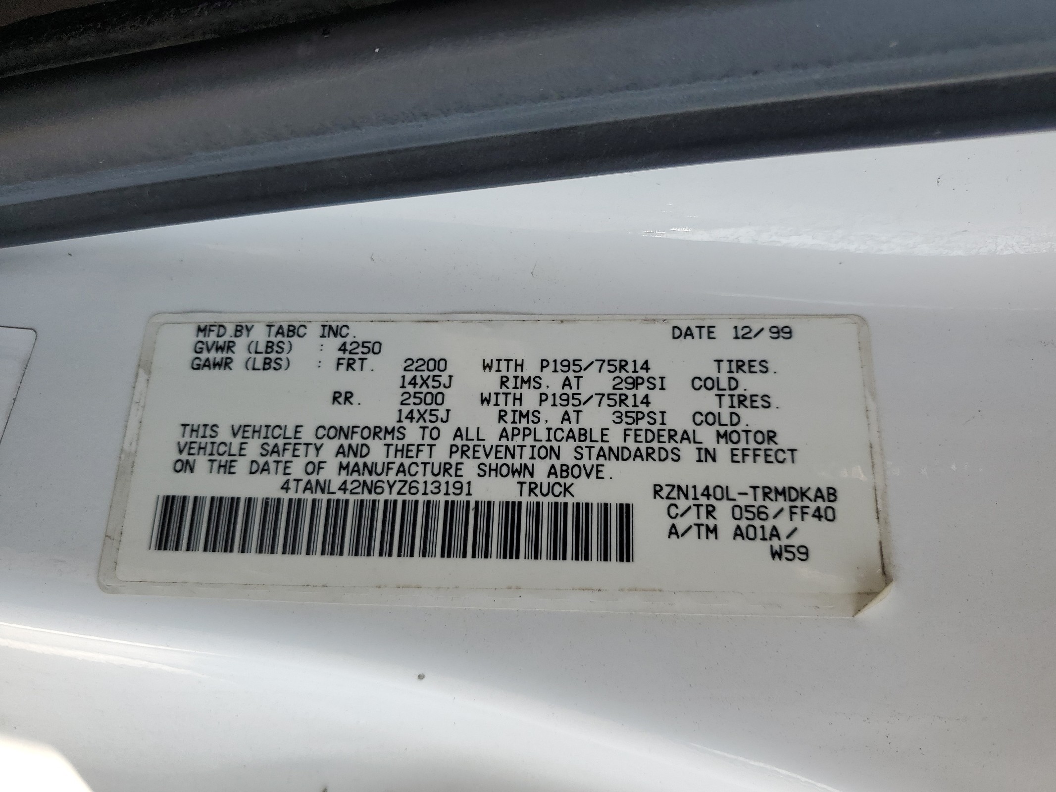 4TANL42N6YZ613191 2000 Toyota Tacoma