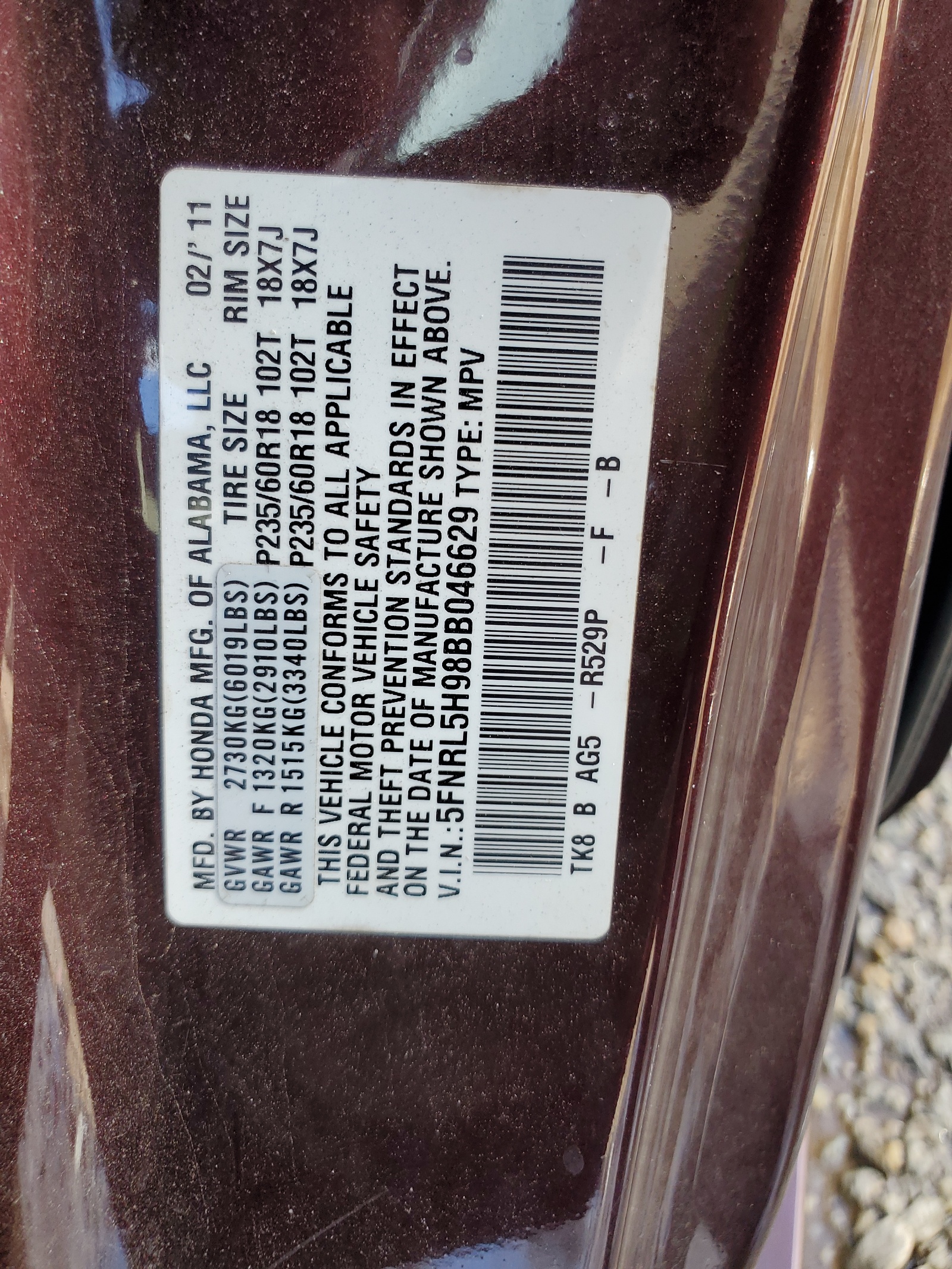 5FNRL5H98BB046629 2011 Honda Odyssey Touring