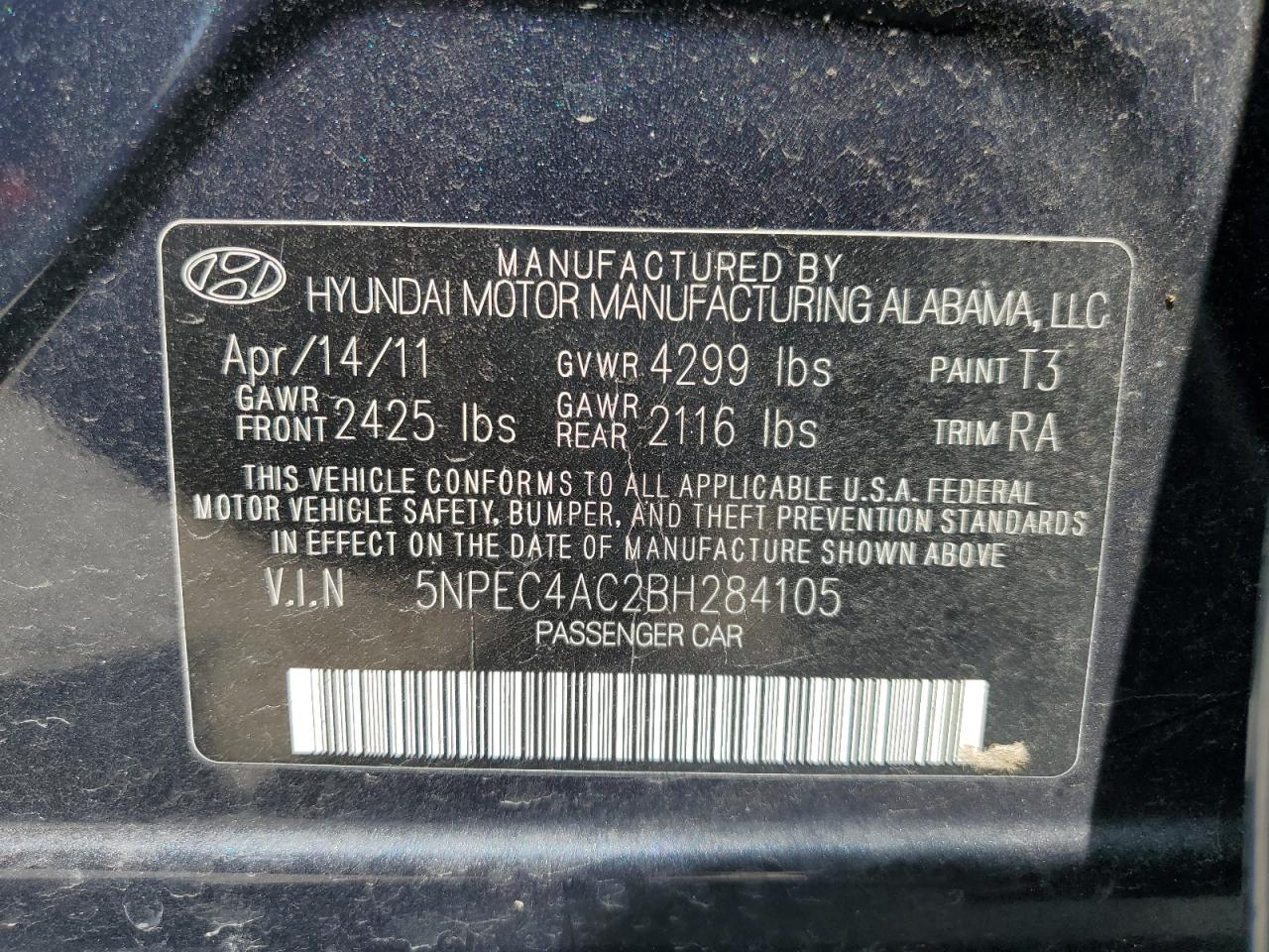 2011 Hyundai Sonata Se VIN: 5NPEC4AC2BH284105 Lot: 62516644