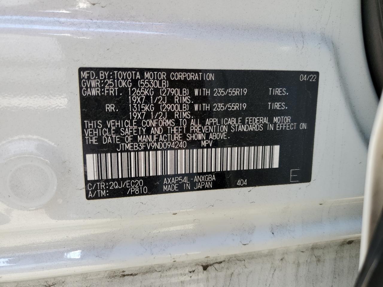 2022 Toyota Rav4 Prime Xse VIN: JTMEB3FV9ND094240 Lot: 65254004