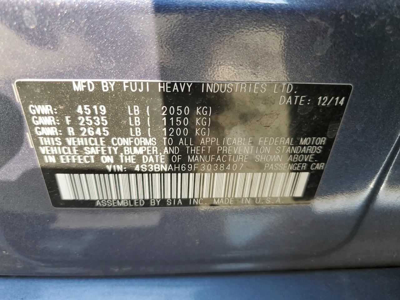 2015 Subaru Legacy 2.5I Premium VIN: 4S3BNAH69F3038407 Lot: 62646994