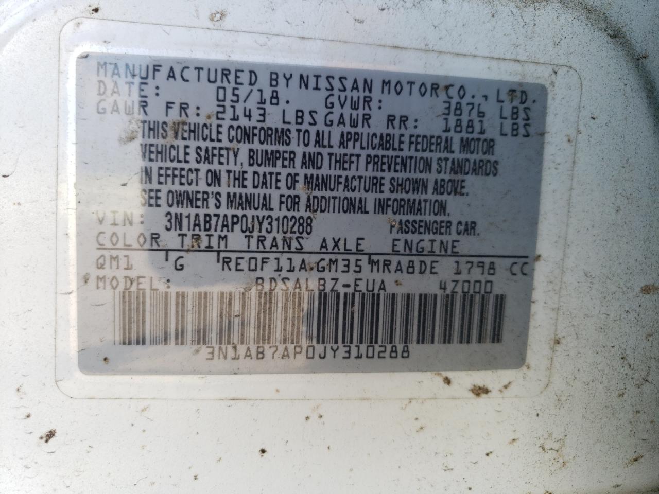 2018 Nissan Sentra S VIN: 3N1AB7AP0JY310288 Lot: 62117004