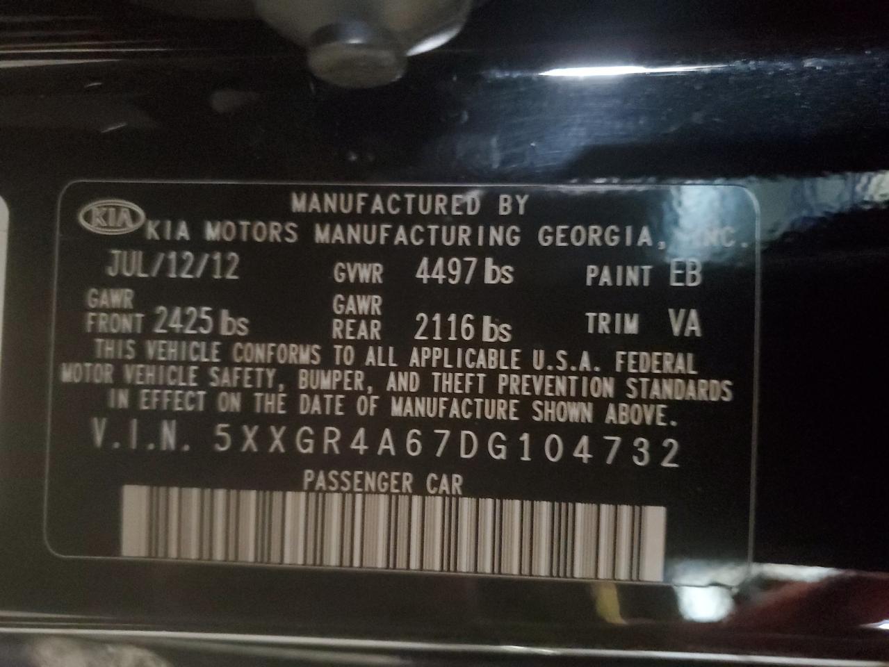 2013 Kia Optima Sx VIN: 5XXGR4A67DG104732 Lot: 62252674