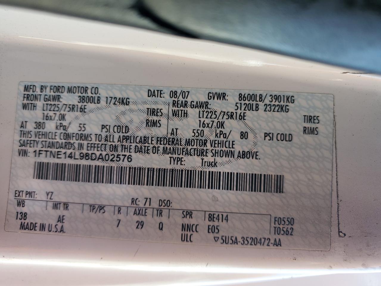 2008 Ford Econoline E150 Van VIN: 1FTNE14L98DA02576 Lot: 63298914