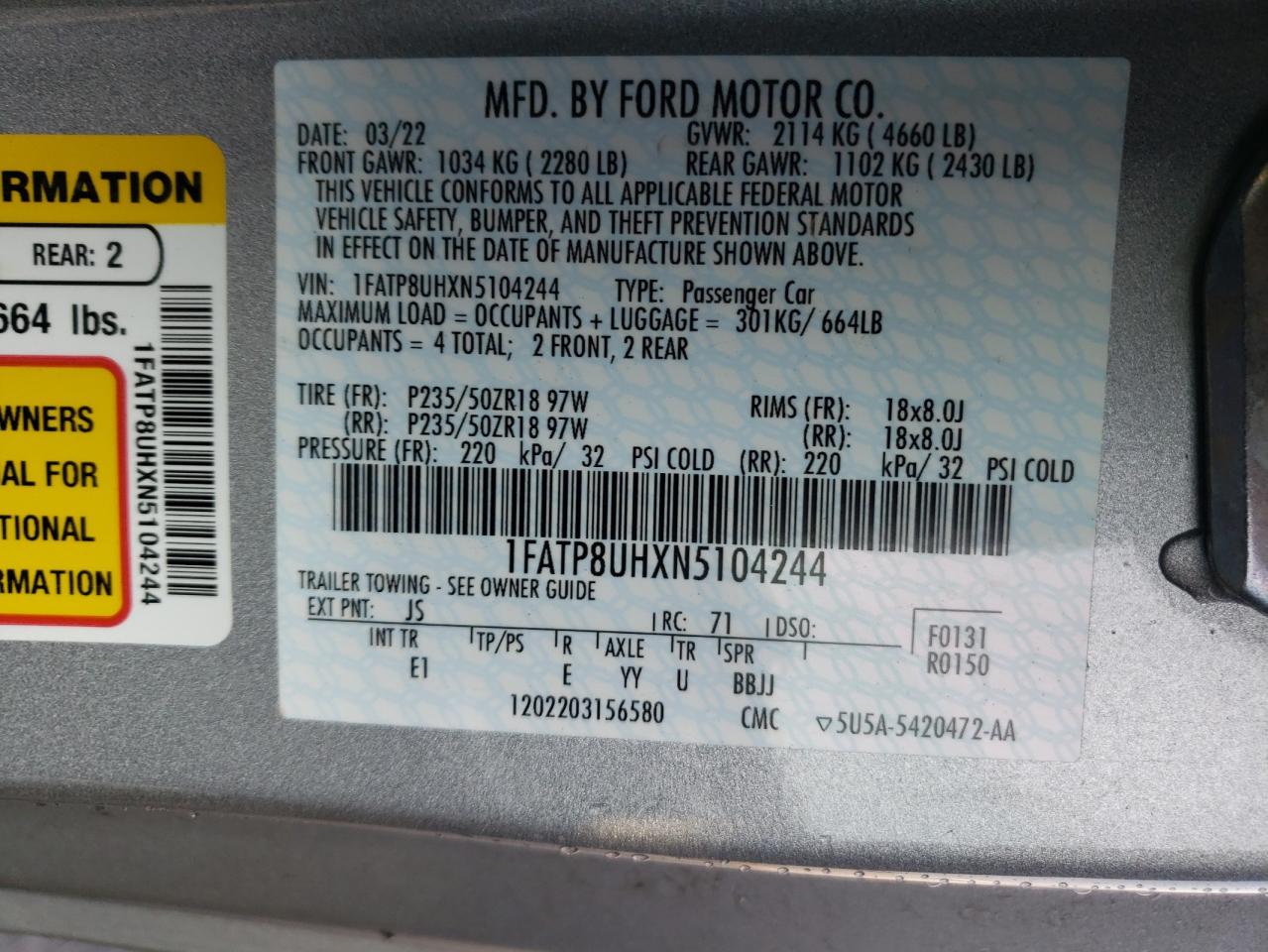 2022 Ford Mustang VIN: 1FATP8UHXN5104244 Lot: 64503704