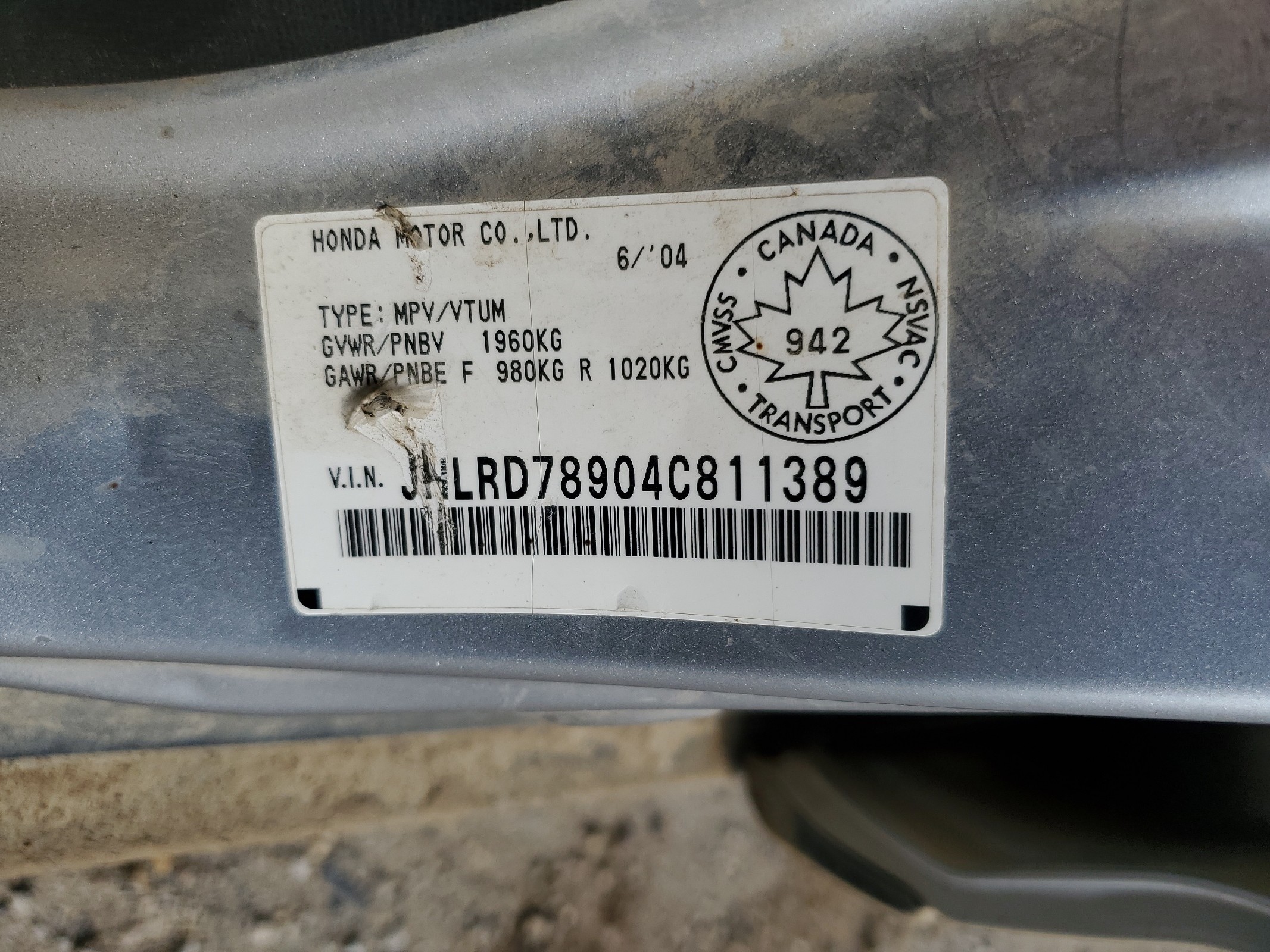 JHLRD78904C811389 2004 Honda Cr-V Ex