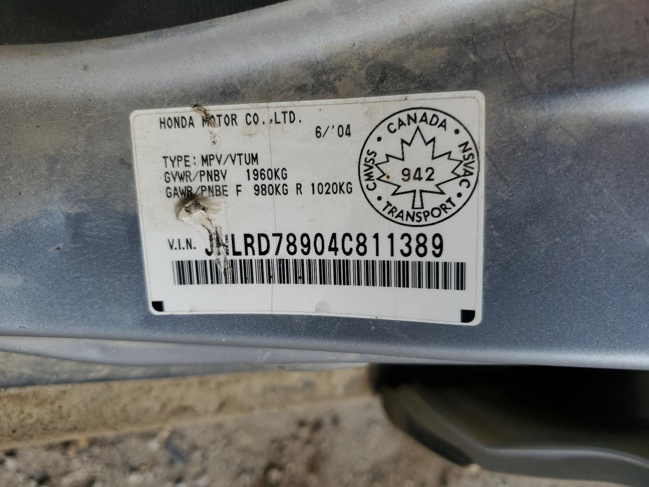 2004 Honda Cr-V Ex VIN: JHLRD78904C811389 Lot: 63037694