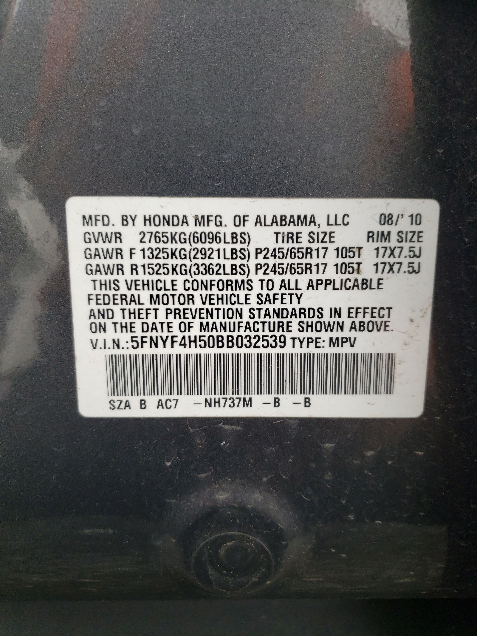 5FNYF4H50BB032539 2011 Honda Pilot Exl