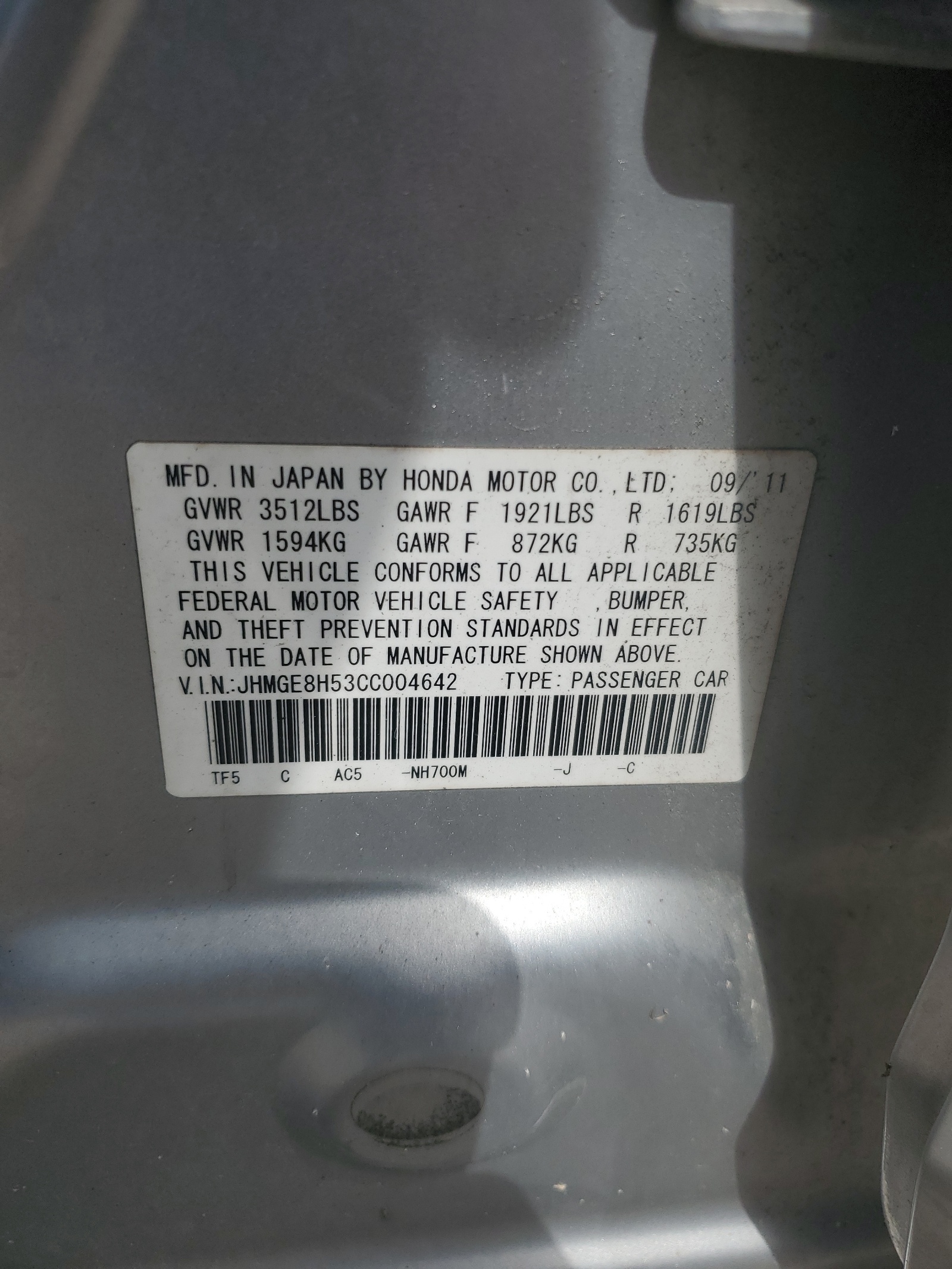 JHMGE8H53CC004642 2012 Honda Fit Sport