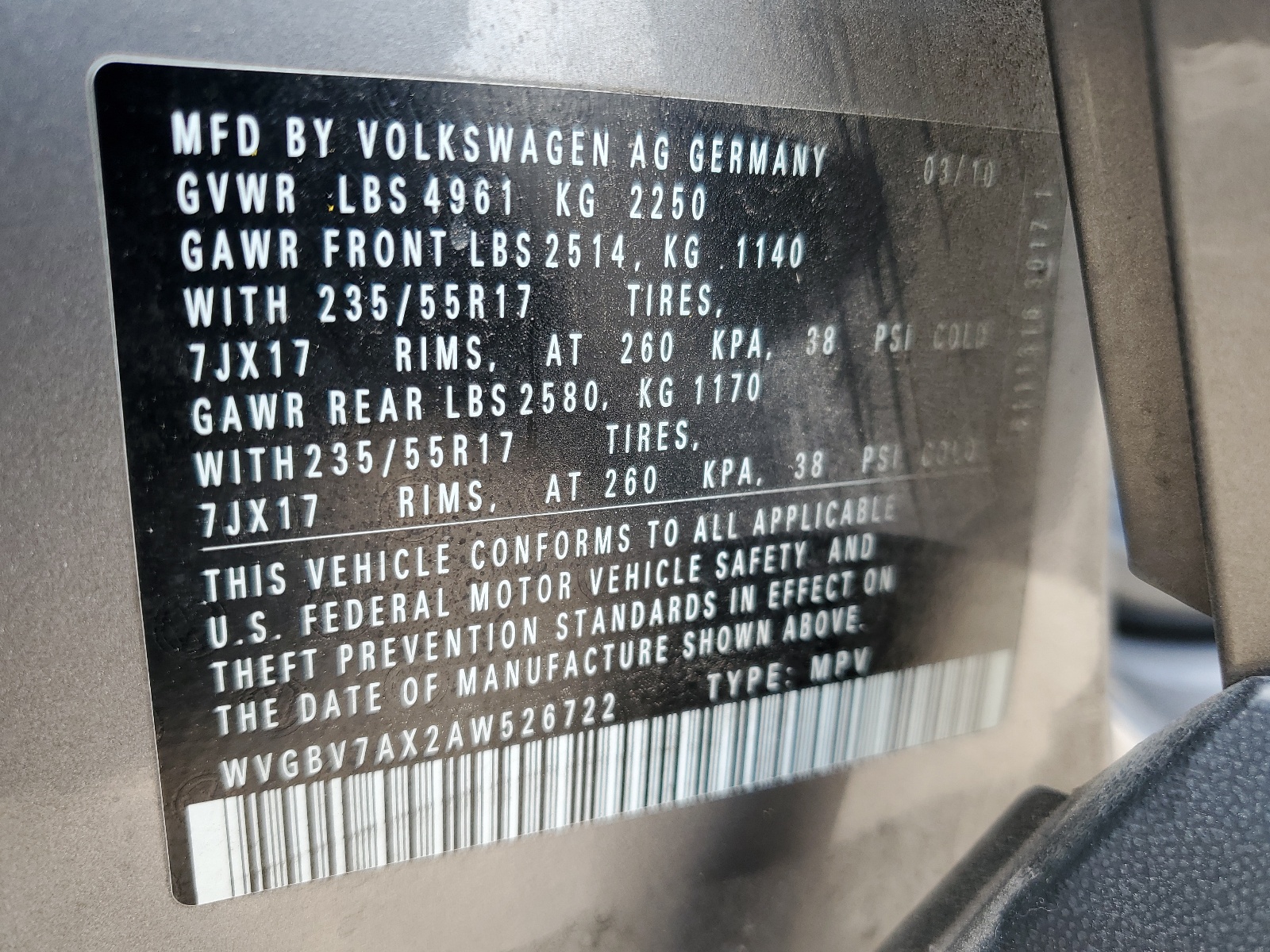 WVGBV7AX2AW526722 2010 Volkswagen Tiguan Se