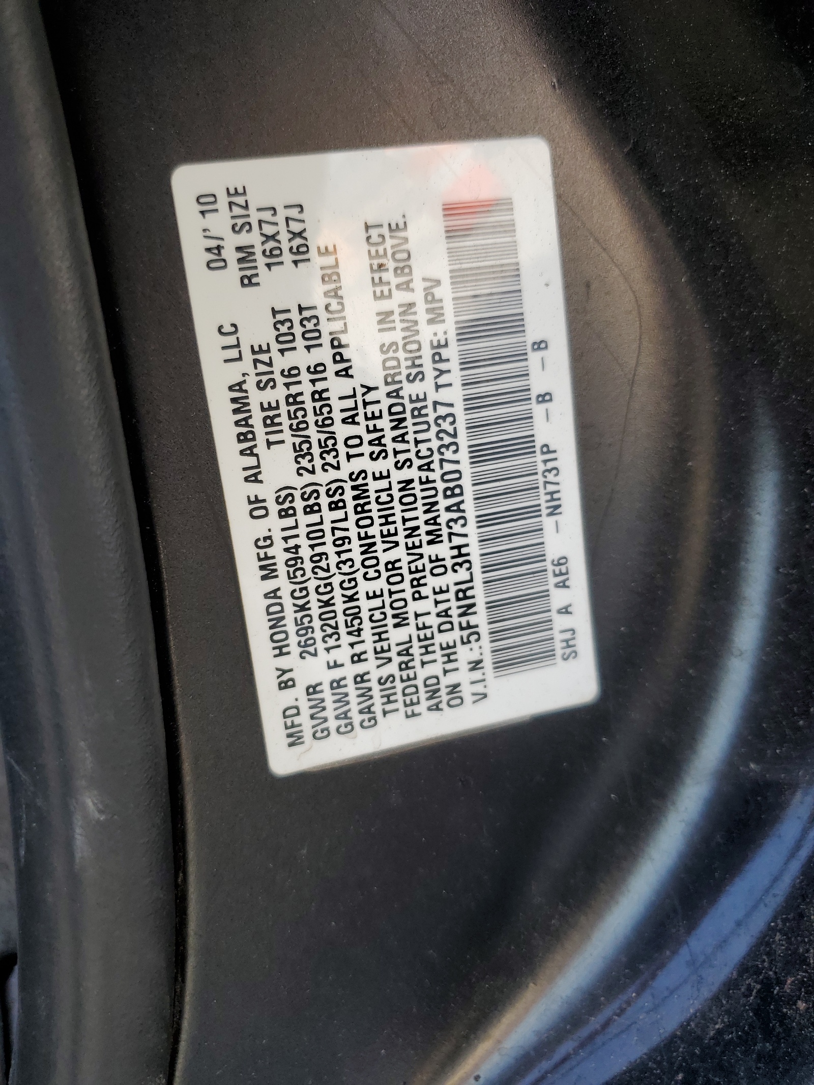 5FNRL3H73AB073237 2010 Honda Odyssey Exl