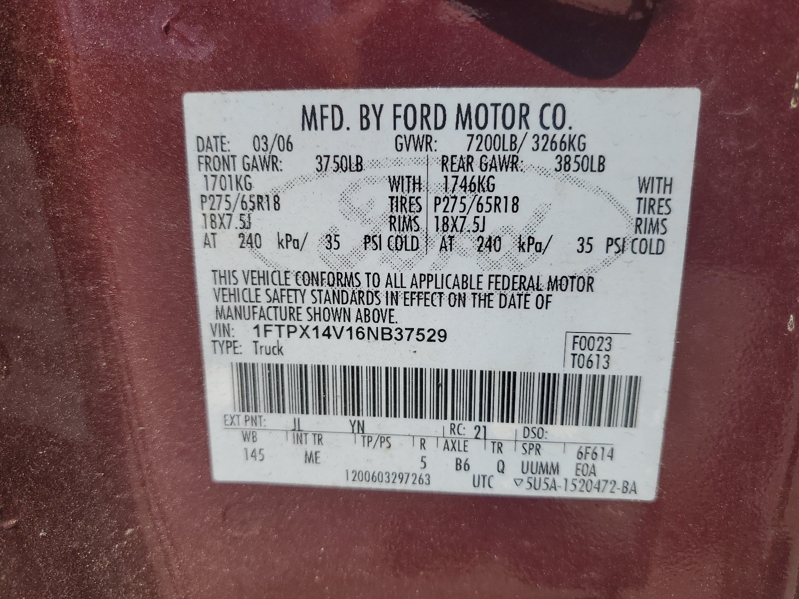 1FTPX14V16NB37529 2006 Ford F150