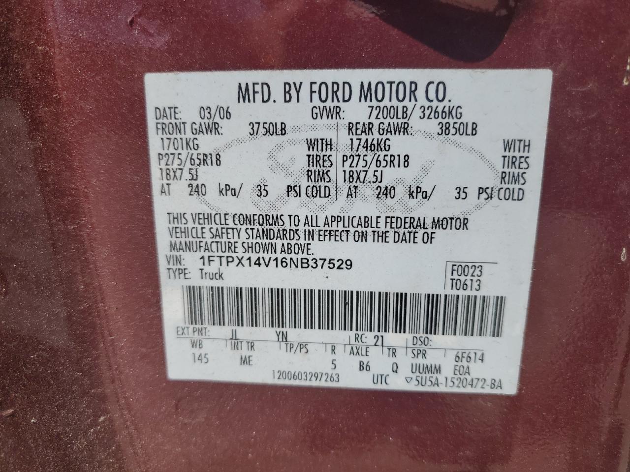 2006 Ford F150 VIN: 1FTPX14V16NB37529 Lot: 61696734
