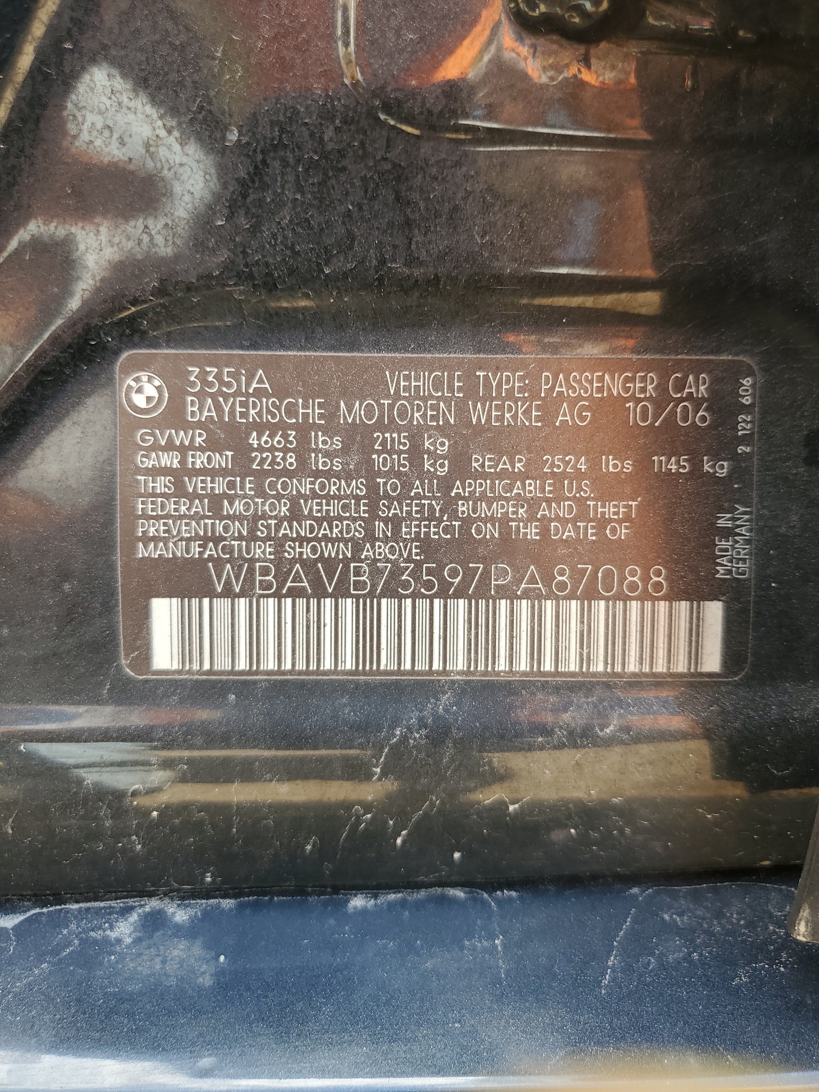 WBAVB73597PA87088 2007 BMW 335 I