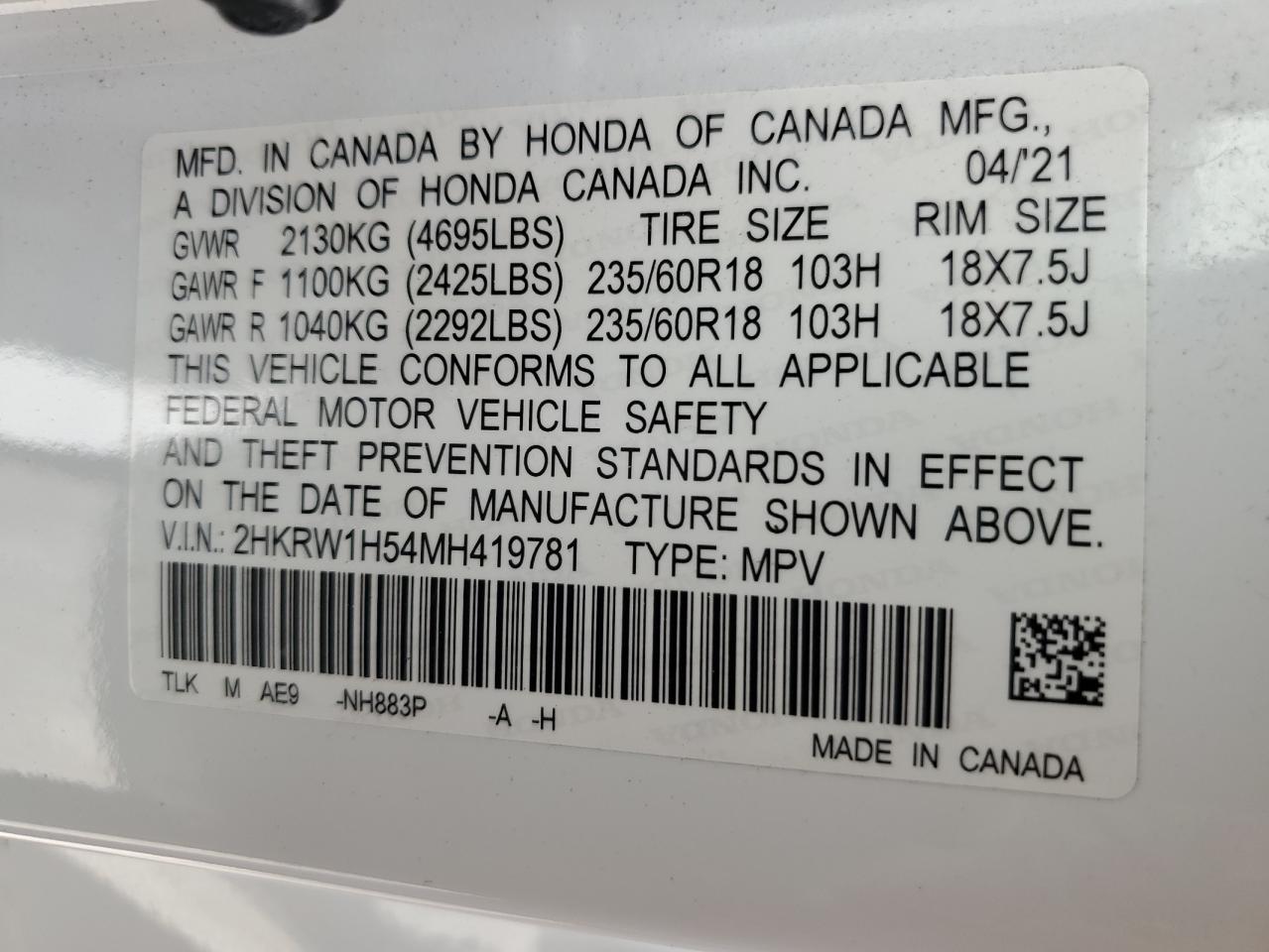 2021 Honda Cr-V Ex VIN: 2HKRW1H54MH419781 Lot: 63661274