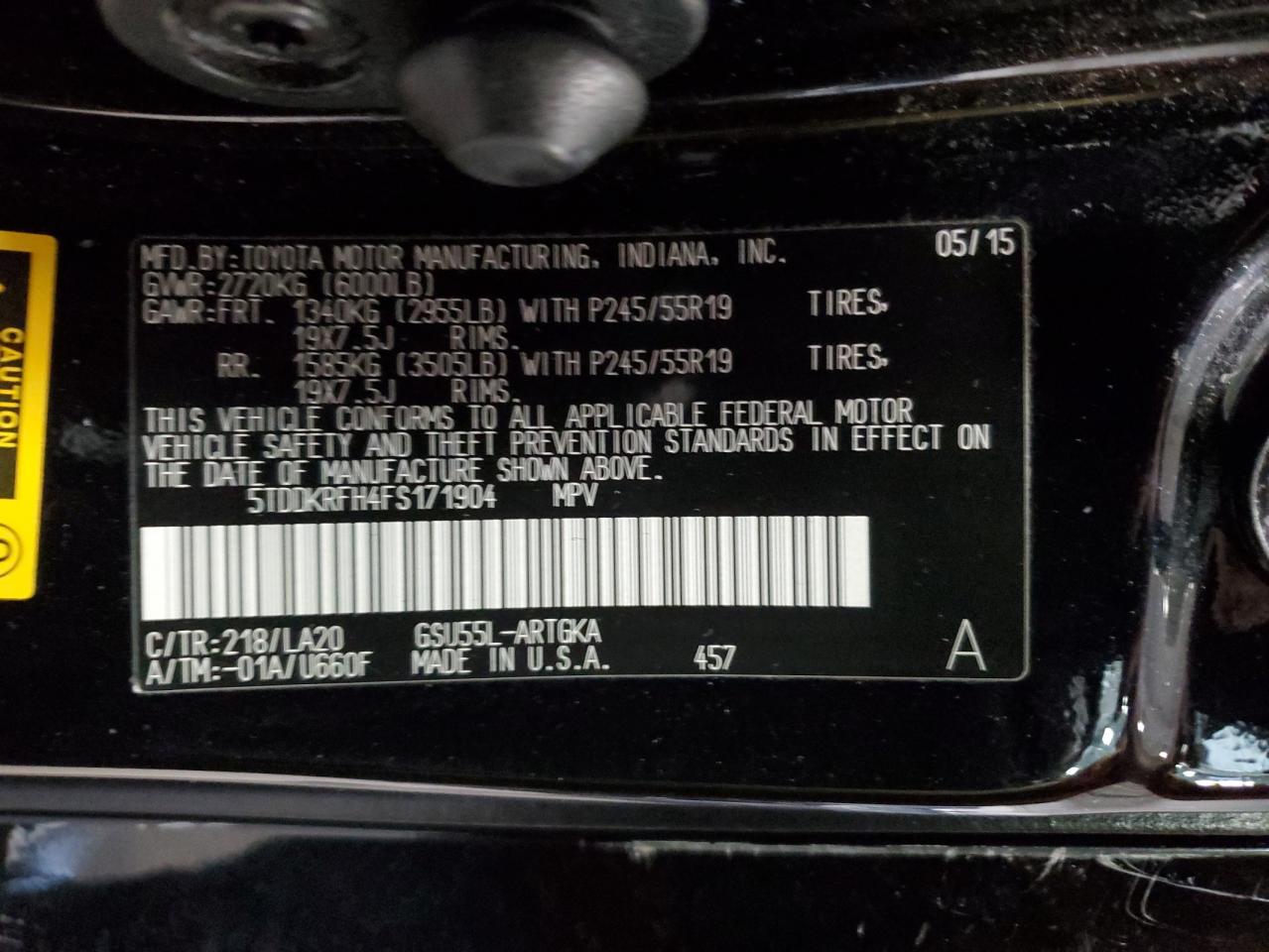 2015 Toyota Highlander Limited VIN: 5TDDKRFH4FS171904 Lot: 63704394