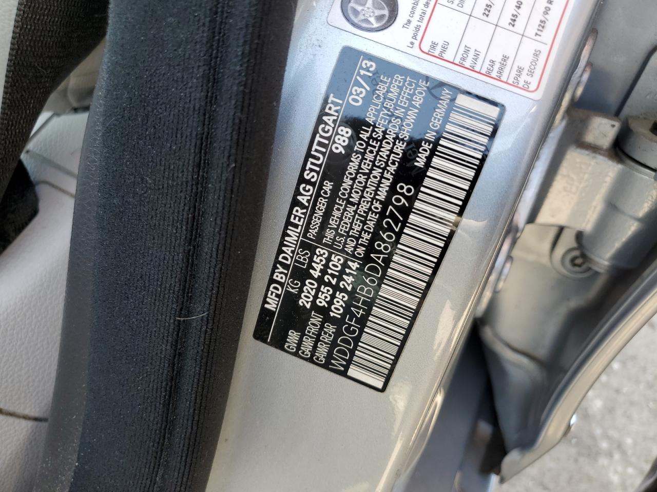 2013 Mercedes-Benz C 250 VIN: WDDGF4HB6DA862798 Lot: 64314104