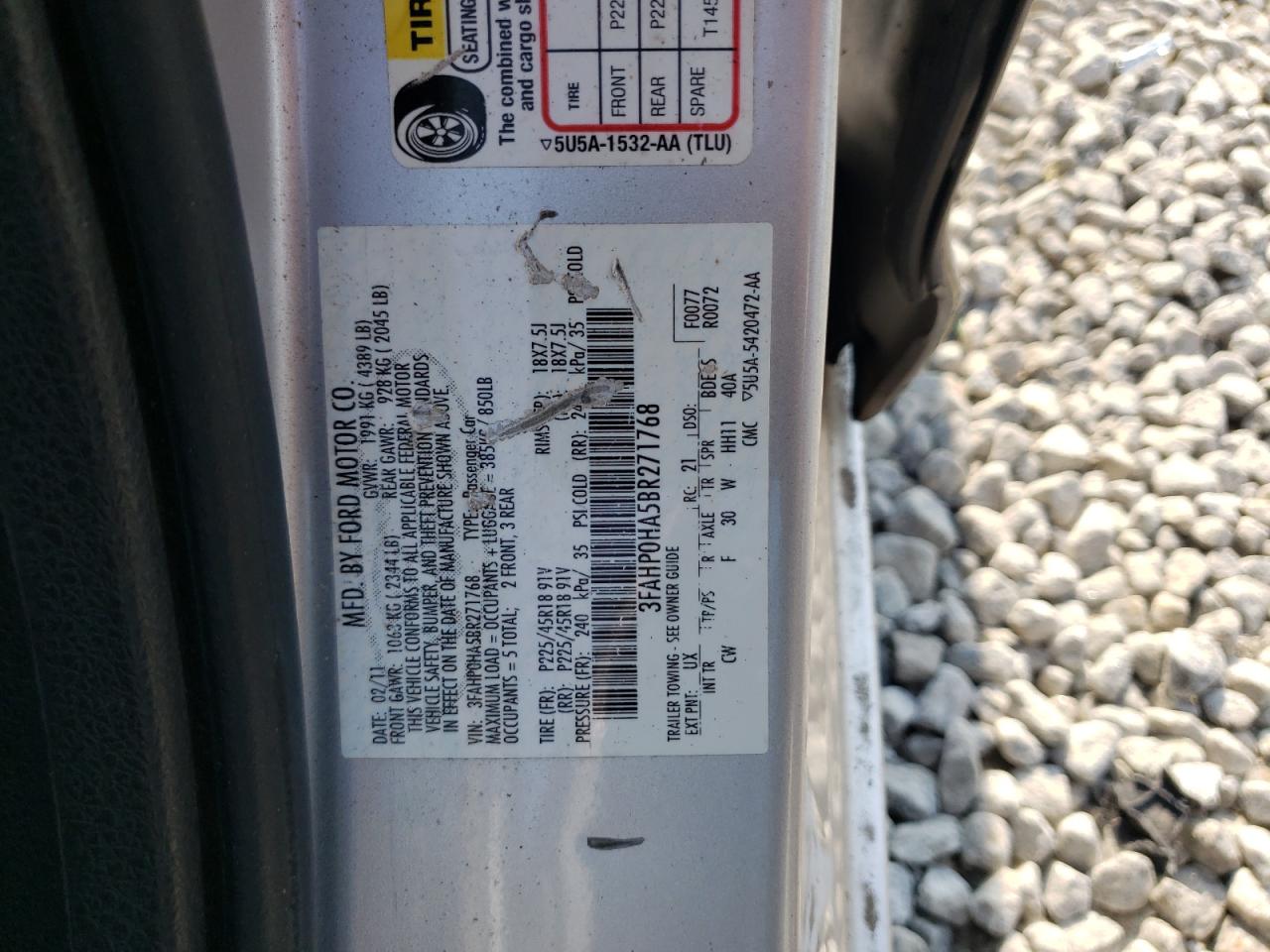 2011 Ford Fusion Se VIN: 3FAHP0HA5BR271768 Lot: 63202094