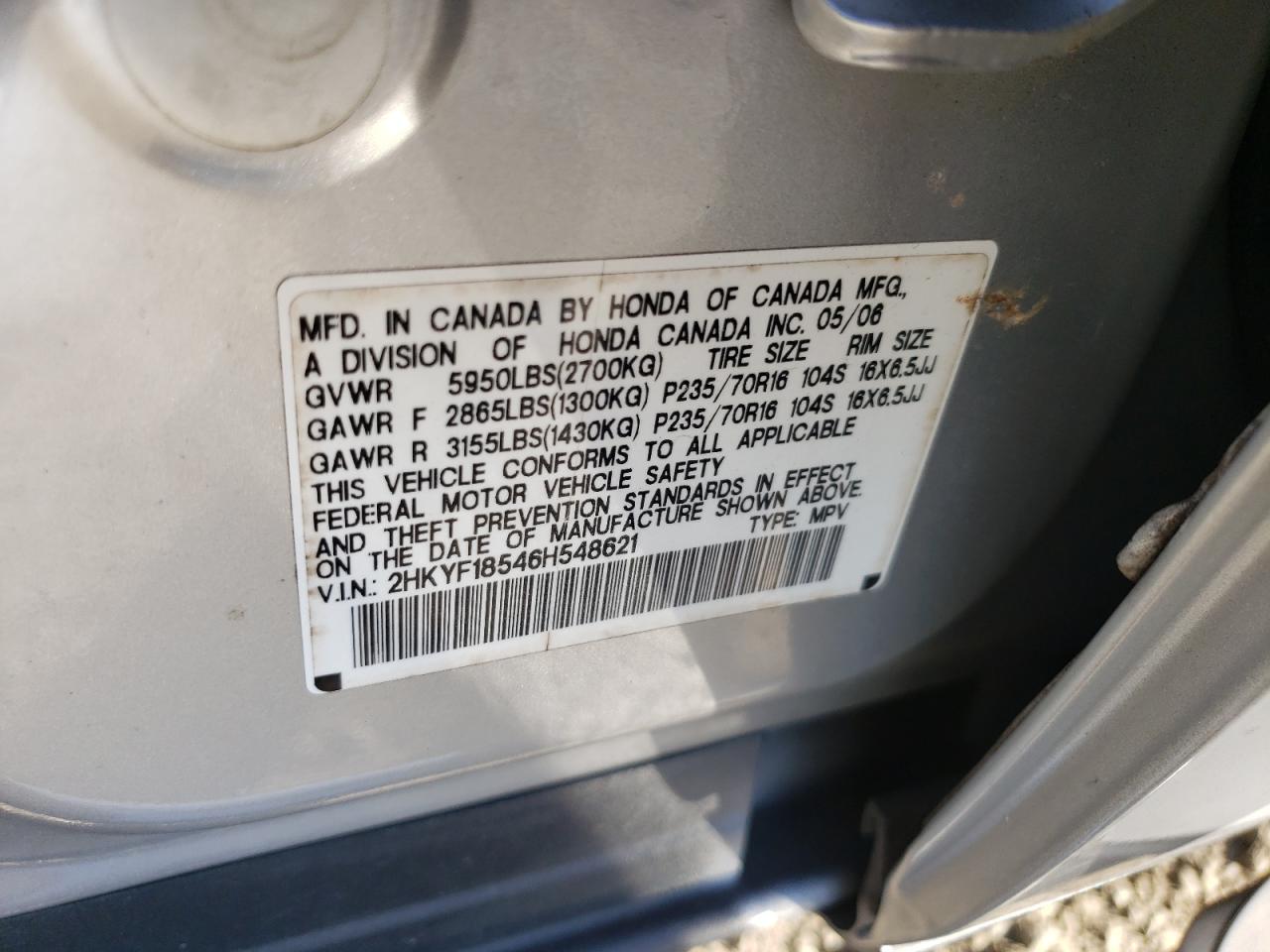 2006 Honda Pilot Ex VIN: 2HKYF18546H548621 Lot: 62721574