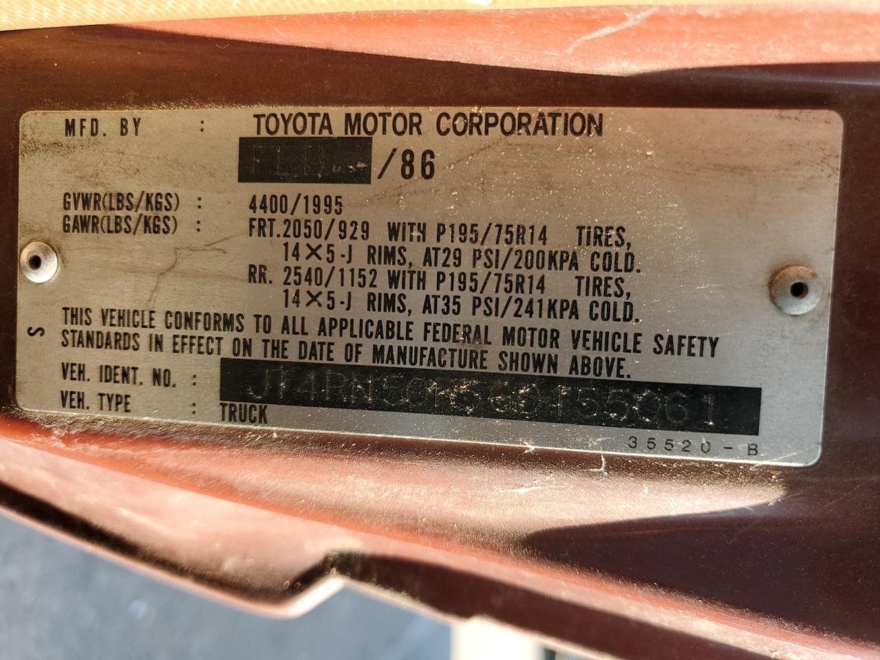 1986 Toyota Pickup 1/2 Ton Rn50 VIN: JT4RN50R5G0155061 Lot: 63460774