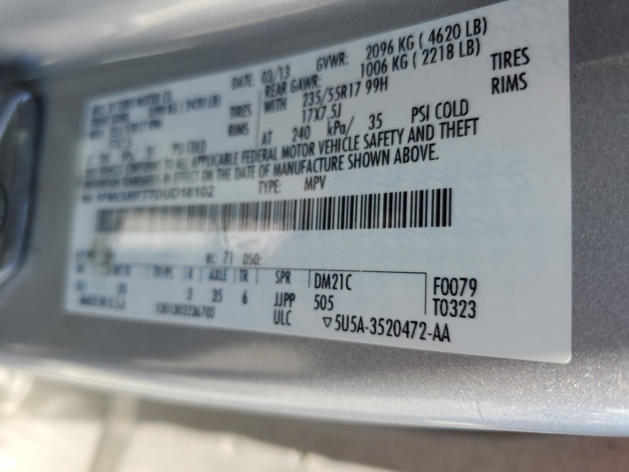 1FMCU0F77DUD18102 2013 Ford Escape S