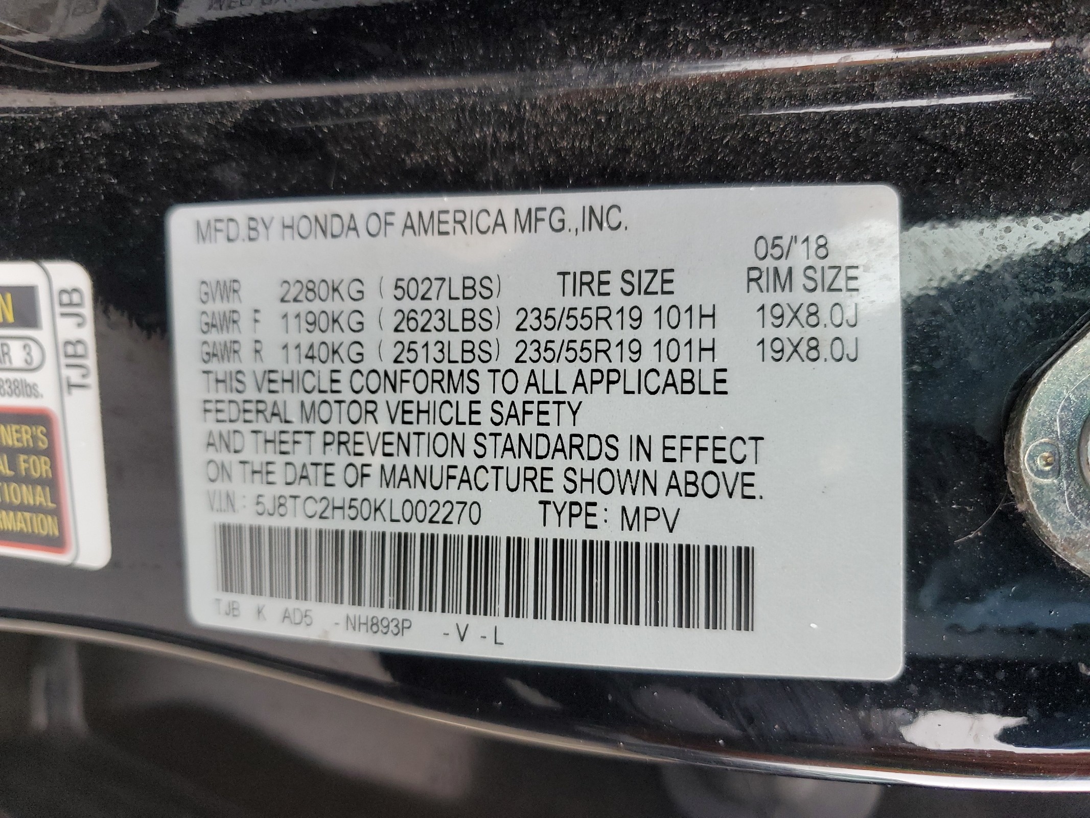 5J8TC2H50KL002270 2019 Acura Rdx Technology