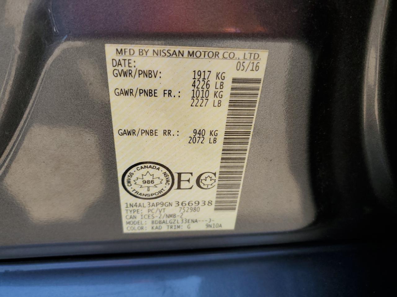 2016 Nissan Altima 2.5 VIN: 1N4AL3AP9GN366938 Lot: 64764474