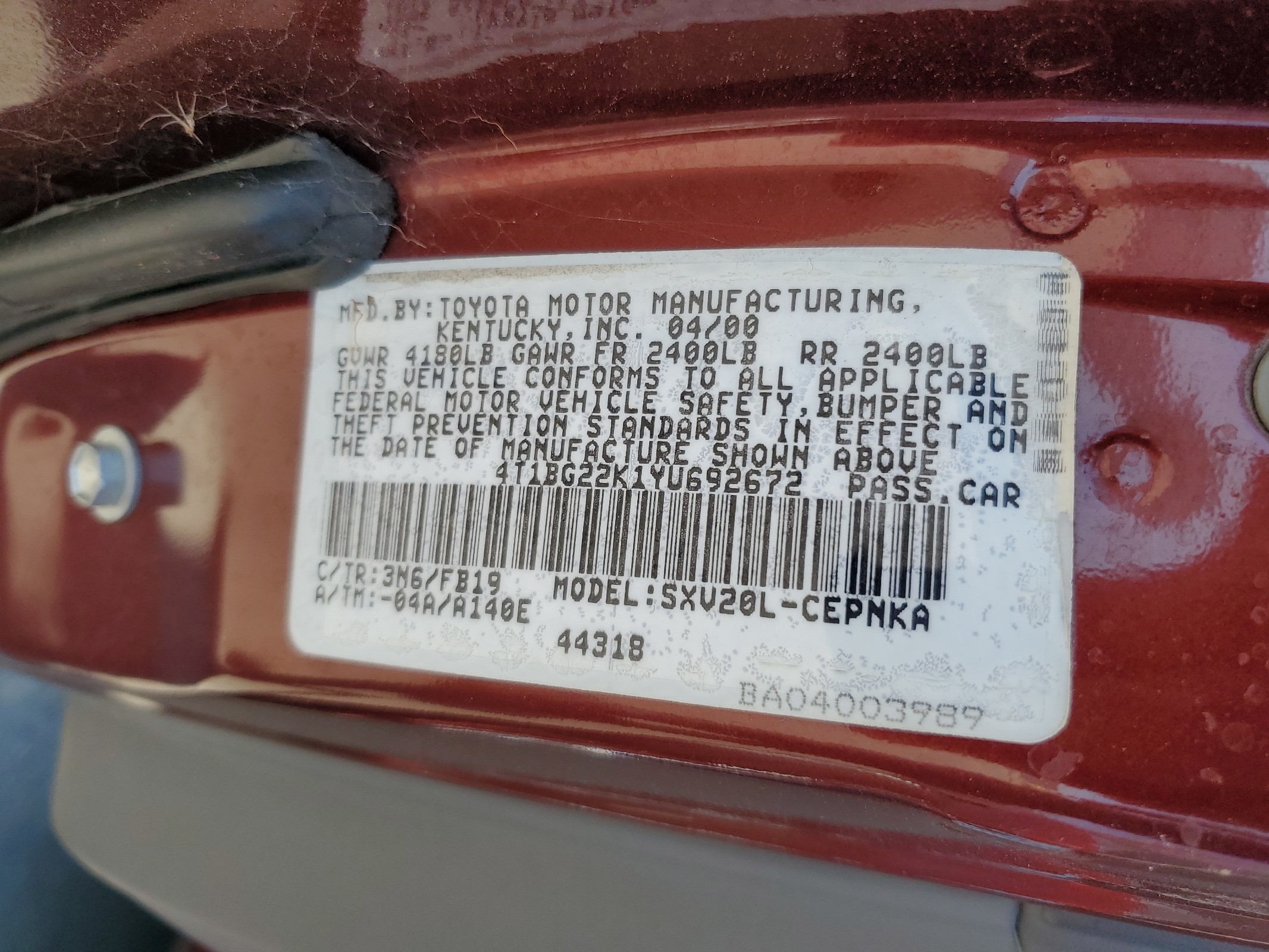 4T1BG22K1YU692672 2000 Toyota Camry Ce