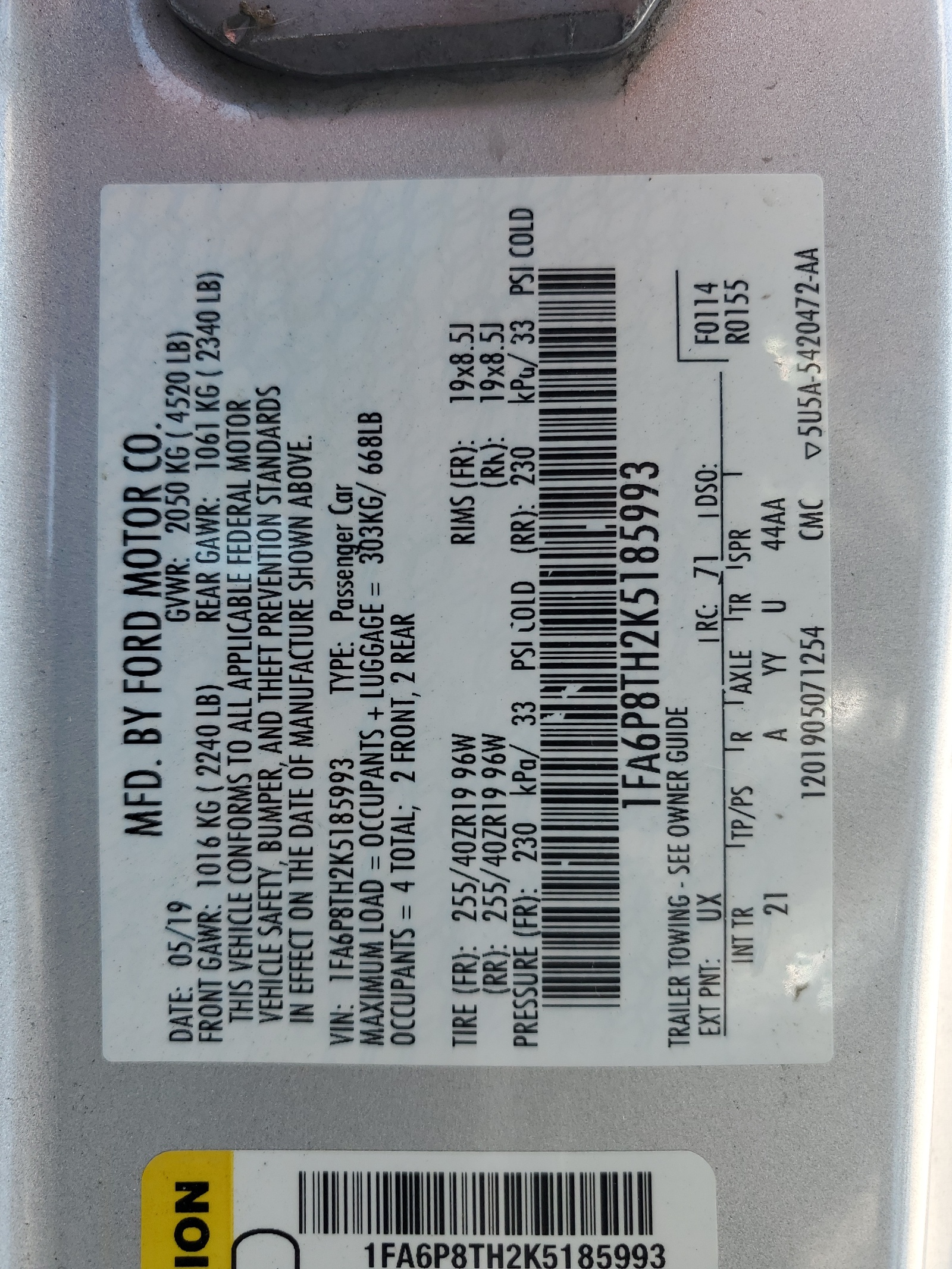 1FA6P8TH2K5185993 2019 Ford Mustang