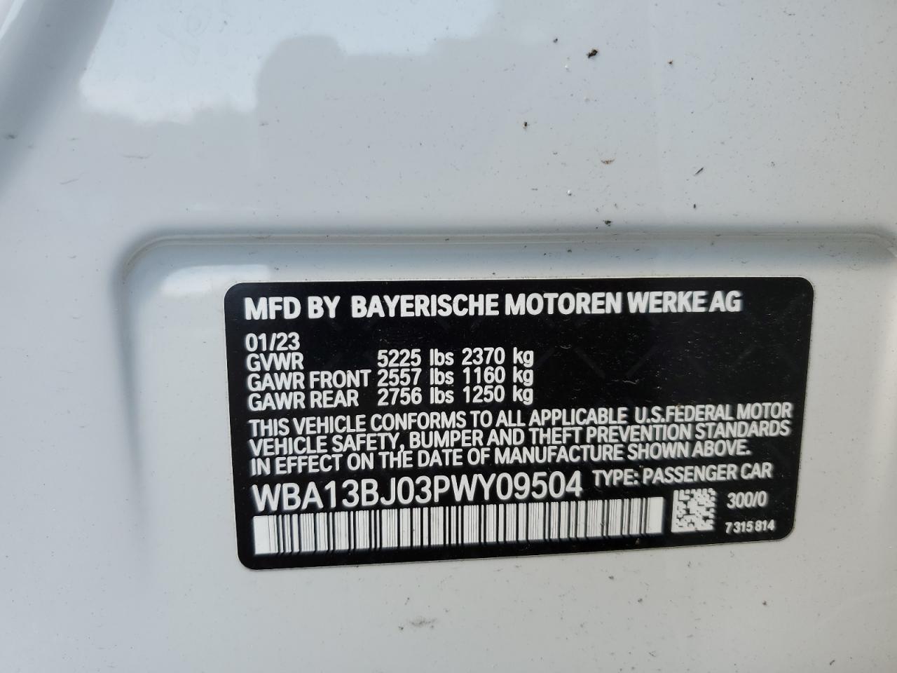 2023 BMW 530 Xi VIN: WBA13BJ03PWY09504 Lot: 63791714