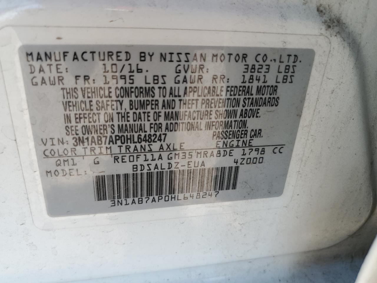 2017 Nissan Sentra S VIN: 3N1AB7AP0HL648247 Lot: 62834934