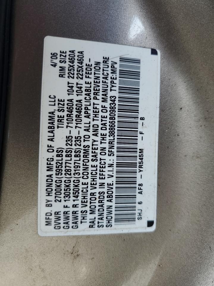 2006 Honda Odyssey Touring VIN: 5FNRL38866B098343 Lot: 61634274