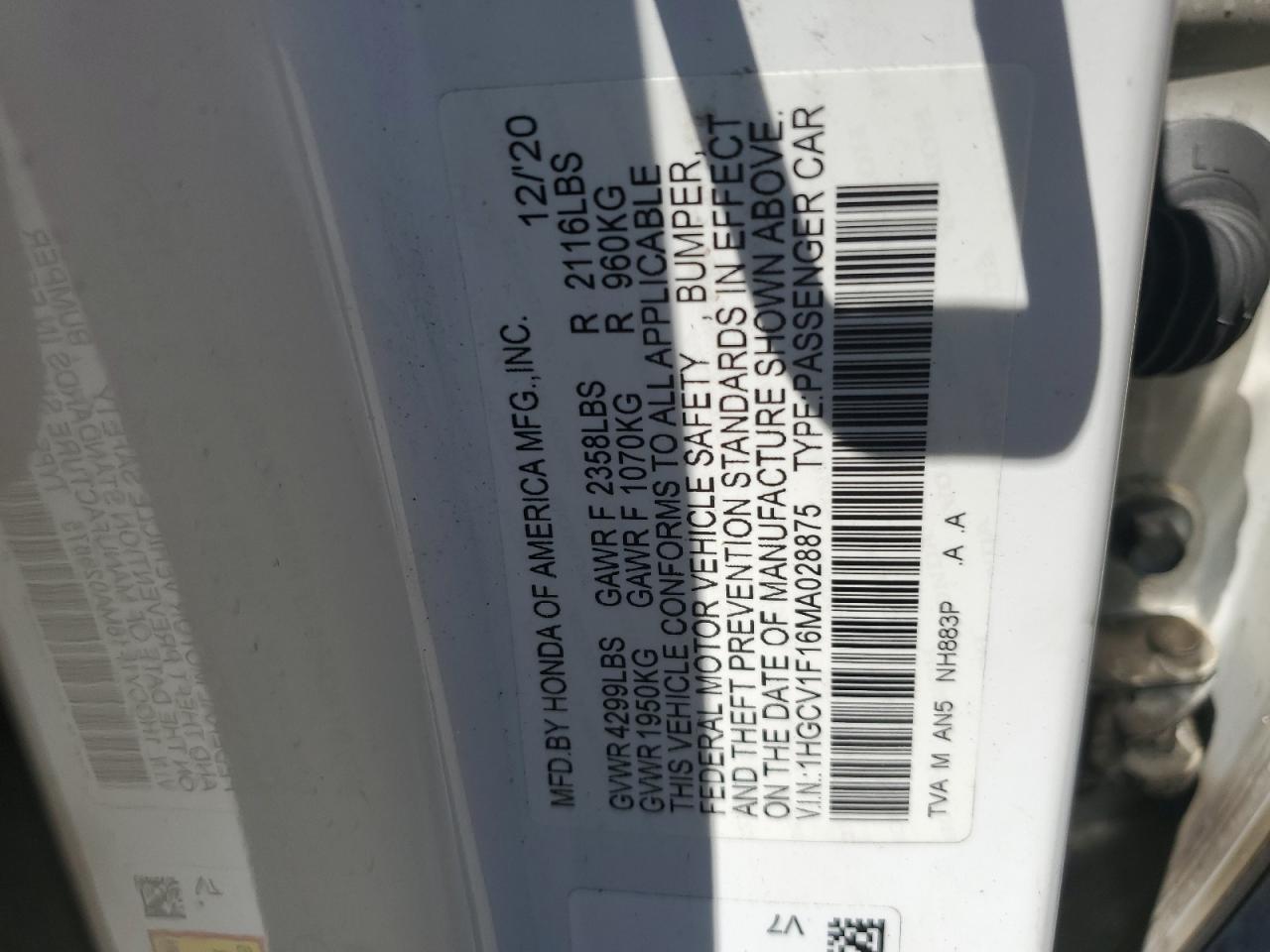 2021 Honda Accord Lx VIN: 1HGCV1F16MA028875 Lot: 62502814