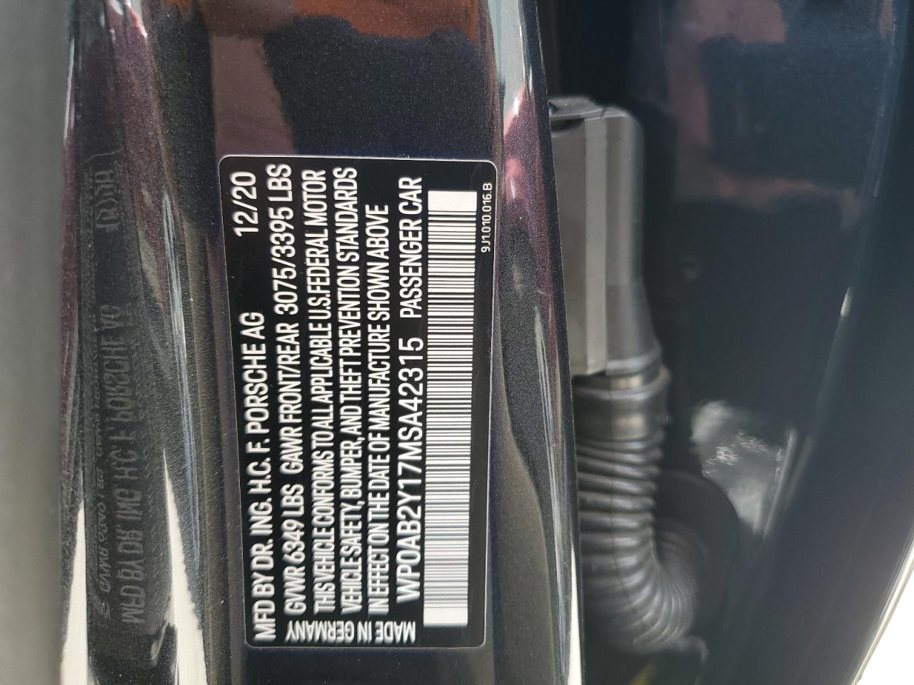 2021 Porsche Taycan 4S VIN: WP0AB2Y17MSA42315 Lot: 64256574