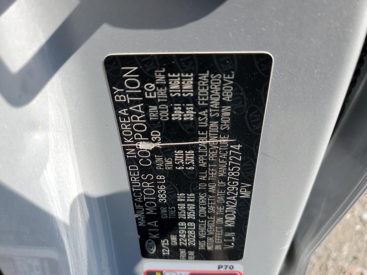 2016 Kia Soul VIN: KNDJN2A29G7857274 Lot: 62051864