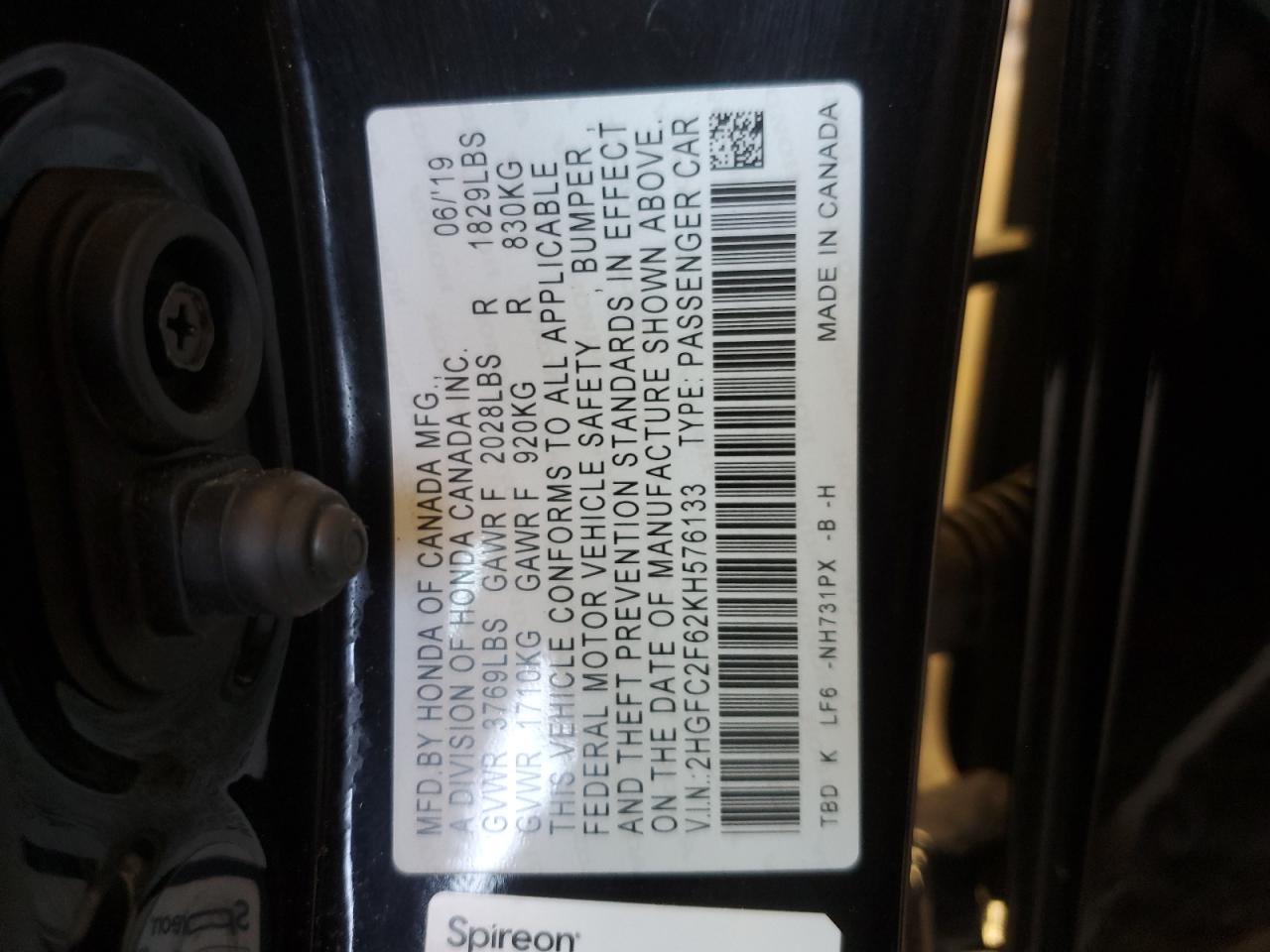 2HGFC2F62KH576133 2019 Honda Civic Lx