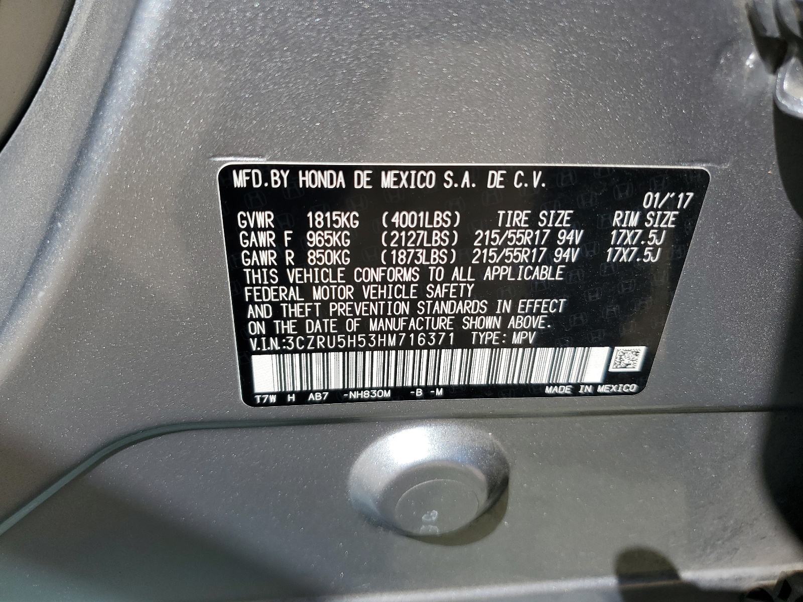 3CZRU5H53HM716371 2017 Honda Hr-V Ex