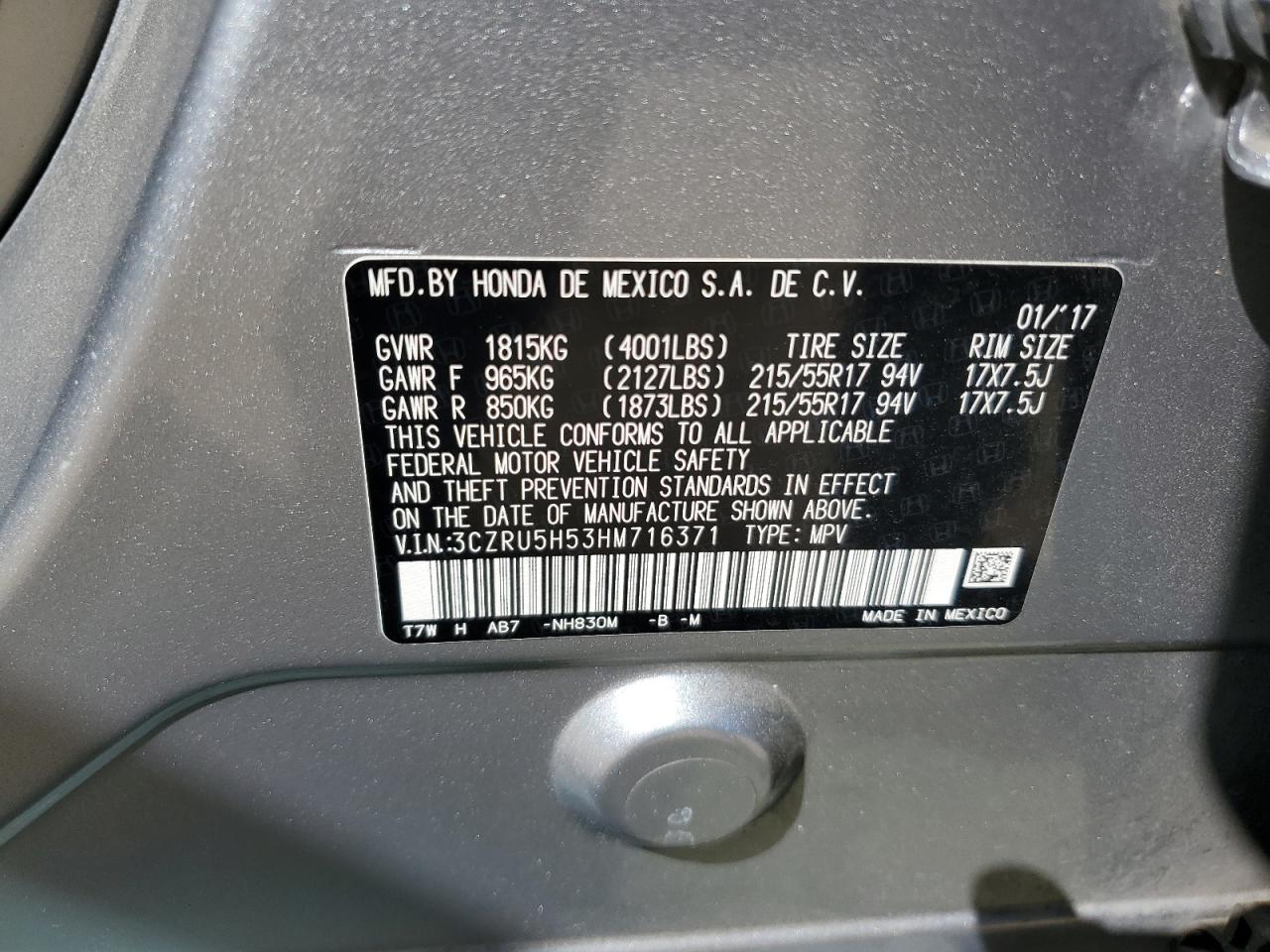 2017 Honda Hr-V Ex VIN: 3CZRU5H53HM716371 Lot: 65034574