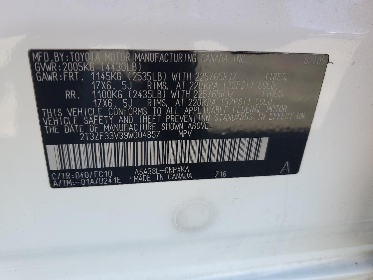 2009 Toyota Rav4 VIN: 2T3ZF33V39W004857 Lot: 65294984